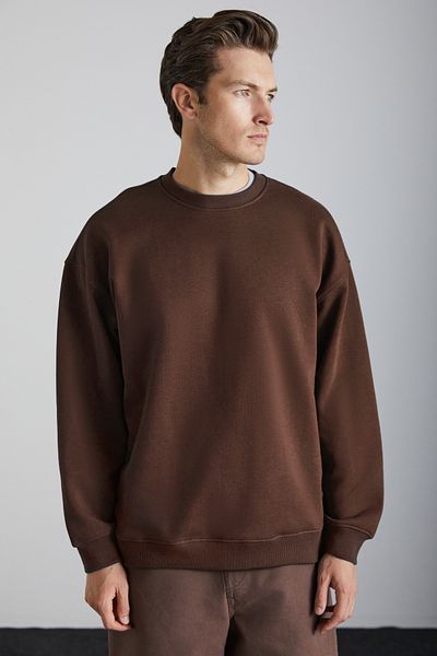 GRIMELANGE Tokyo Men's Fleece Inside Soft Organic Cotton Oversize Brown Sweatshirt with Back Label Detail