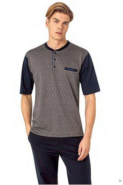 Pierre Cardin 6087 Ανδρικό κοντομάνικο σετ πιτζάμες 3 τεμαχίων ζακάρ-σκούρο μπλε