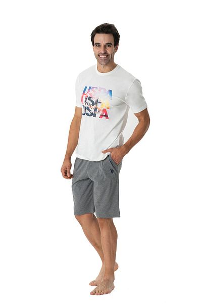 U.S. Polo Assn. US Polo Assn18779 Men's Round Neck Short Sleeve Shorts Pajama Set-Ecru