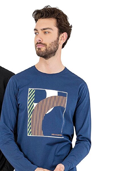Pierre Cardin Бавовняна, трикотажна тканина, довгі рукави, комір-стійка, чоловічий піжамний комплект Indigo