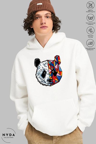 Nyda Collections Πολύχρωμο Panda Printed Unisex Hooded Sweatshirt - Μακρυμάνικο, Oversize βαμβακερό