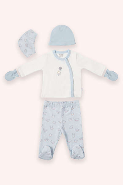 Panço Yenidoğan Fil Baskılı 5'li Mavi Hastane Çıkış Seti