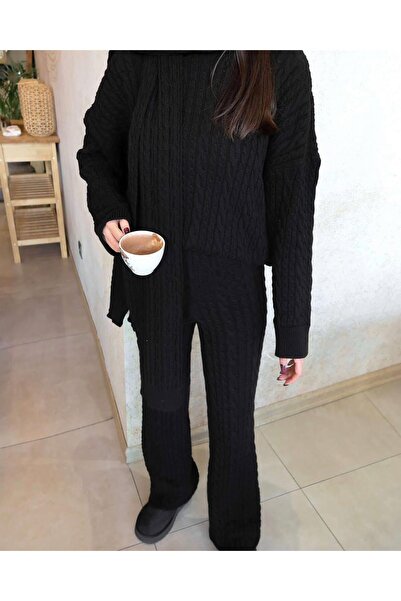 Askı Nişantaşı Black Wefted Hair Braided Knitwear Trousers Set