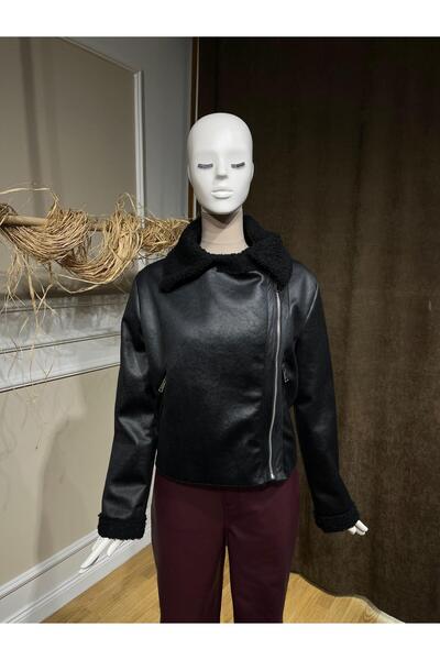 MODA Siyah Süet Görünümlü Suni Kürk Astarlı Mont