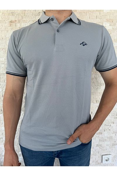Mesh Ανδρικό μπλουζάκι Polo Neck Grey - 100% βαμβάκι, Navy ριγέ, κοντό μανίκι