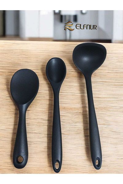 elfnur 3 Pieces Heat Resistant Hard Tip Fireproof Food Serving Set - 28 cm Spoon 23 cm