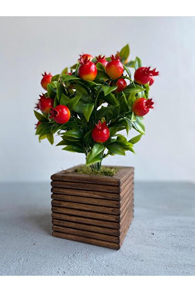 NONYA Ahşap Saksılı Mini Nar Ağacı Yapay Çiçek Dekoratif Saksı Salon Ofis
