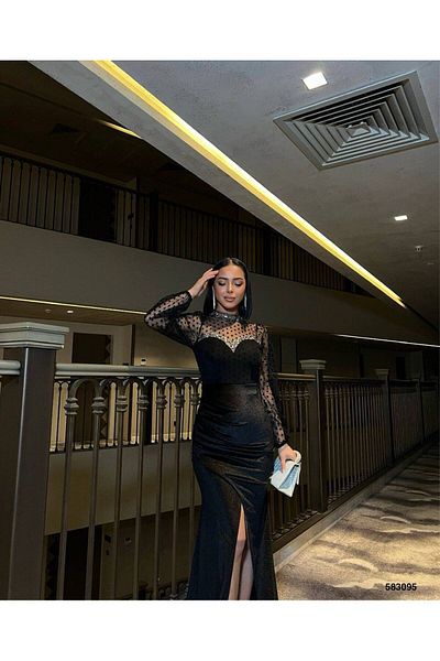 S&A Collectionn Women's Stand Collar Polka Dot Rhinestone Velvet Long Dress