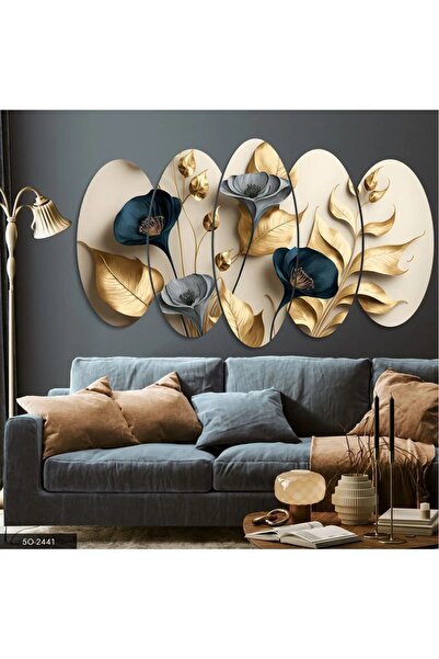 AR AJANS KANVAS TABLO Zarif Altın Ve Mavi Çiçekler Ile Dallar 5 Parçalı MDF T...