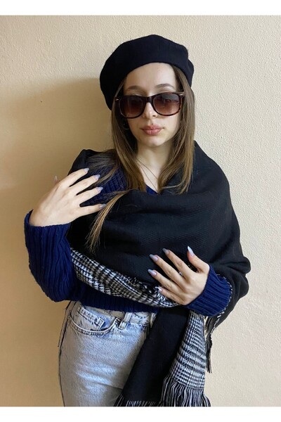 sema aksesuar Double-Sided Black Shawl and Wool Felt Painter Beret Set - Vale...