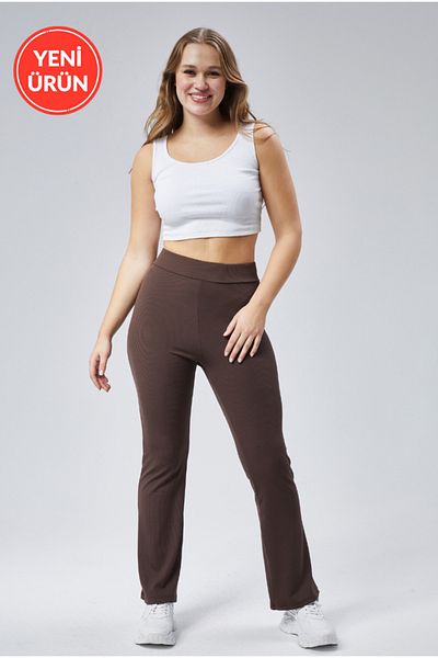 BANEGA Curve Plus Size Κορδόνι Flare Pipe Leg Ψηλόμεσο Συλλεκτικό Καφέ Κολάν Παντελόνι