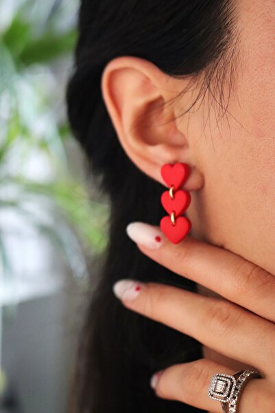 Gizy Store Polymer Clay Triple Heart Earrings Valentine's Day Gift, Red Heart, Women's Accessory