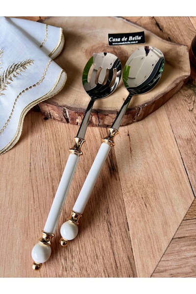 CASA DE BELLA Gold Şeritli 2 Parça Boncuk Figürlü Salata Servis Seti