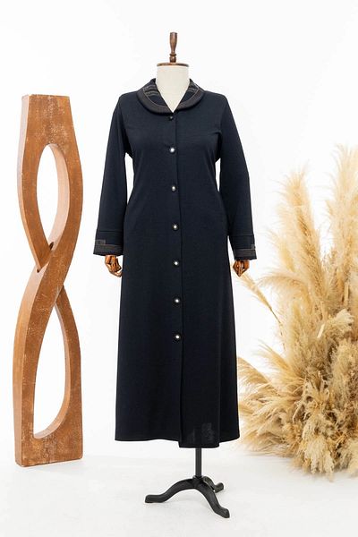 HESNA Women's Seasonal Embroidered Shawl Collar Navy Blue Top Coat