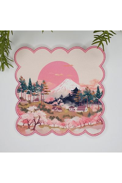 DECO Pink Sun and Japanese Scenery Patterned Digital Printed Fabric Cocktail Napkin with Embroidery Around 1 Piece