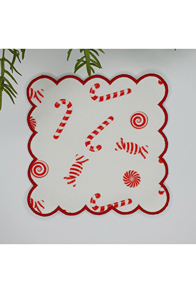 DECO Beyaz Zemin Yılbaşı Şeker Desenli Nakış Kenar Kokteyl Peçetesi Yıkanabilir 1 Adet