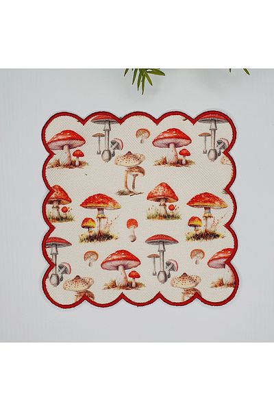 DECO Watercolor Autumn Mushrooms Patterned Digital Printed Embroidered Cocktail Napkin