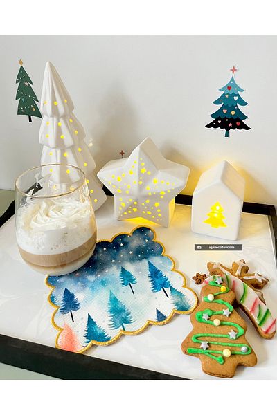 DECO Watercolor Pine Tree Starry Sky Patterned Digital Printed Embroidered Cocktail Napkin