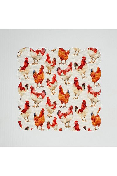 DECO Watercolor Chicken and Rooster Patterned Laser Cut Washable Cocktail Napkin