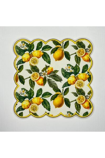 DECO Lemon Patterned Embroidered Watercolor Washable Cocktail Napkin