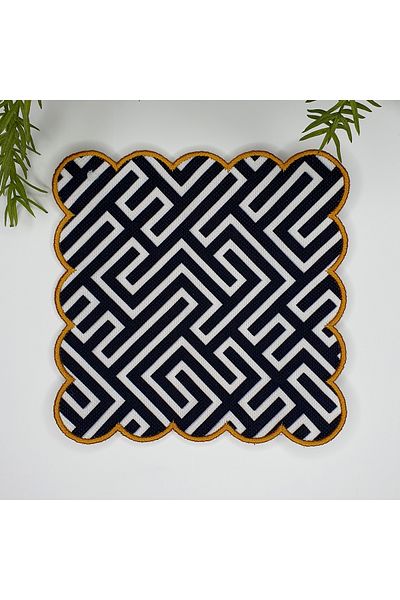 DECO Digital Printed Fabric Cocktail Napkin with Geometric Line Pattern and Embroidery Around 1 Piece