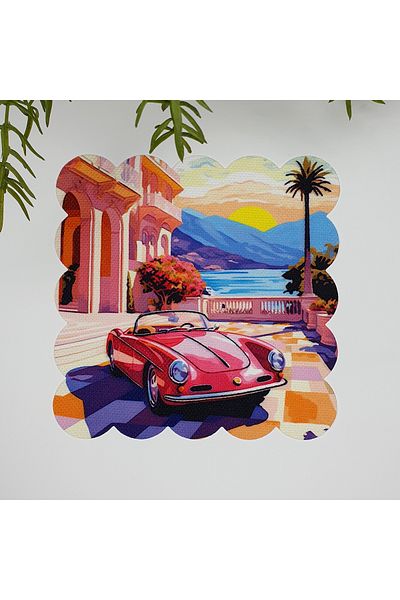 DECO Watercolor Classic Car and Sunset Pattern Washable Fabric Cocktail Napkin 1 Piece