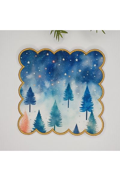 DECO Watercolor Pine Tree Starry Sky Patterned Digital Printed Embroidered Cocktail Napkin