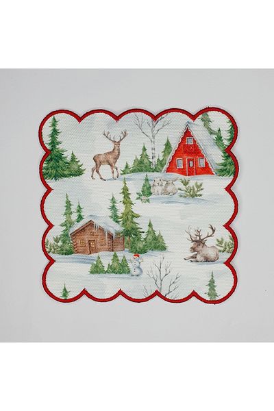DECO Winter View Deer House and Tree Patterned Embroidered Cocktail Napkin