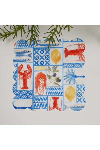 decofav Marine Design Crab Lemon and Tile Design Κοκτέιλ χαρτοπετσέτα από ύφασμα κοπής με λέιζερ 1 τεμάχιο