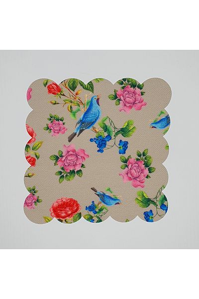 DECO Vanilla Beige Background Blue Bird Flower Patterned Digital Printed Laser Cut Cocktail Napkin