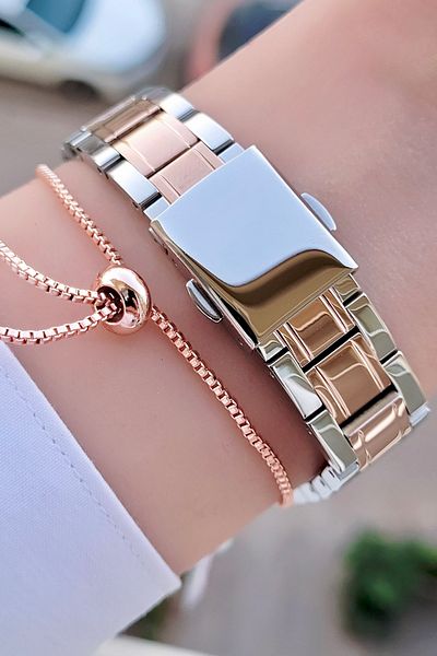 Ferrucci Rose Silver Color Adjustable Cord Women's Wrist Watch and Bracelet