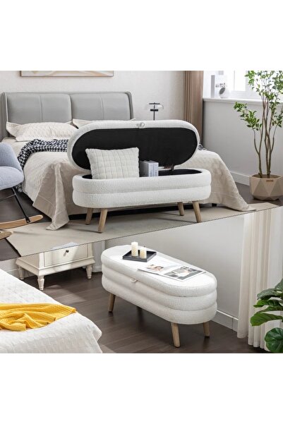 arge demo Ramsey Beyaz Teddy Kumaş Sandıklı Puf Benç Dekoratif Çok Amaçlı San...