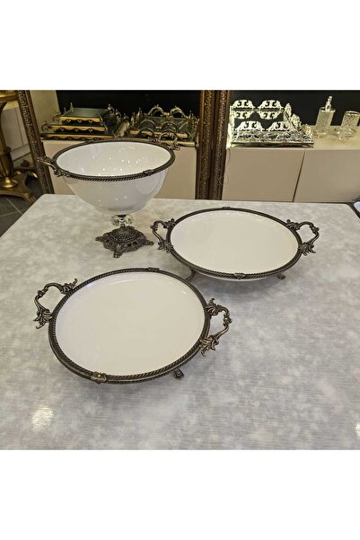 MaviDamla 5 Pieces Porcelain Presentation Set Antique with Handle Casted Edge Framed Foot