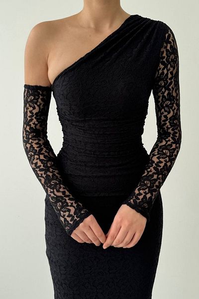WOMAN VISION Women's Asymmetrical Cutout One Shoulder Detail Lined Lace Fabric Pencil Cutout Black Evening Dress 364