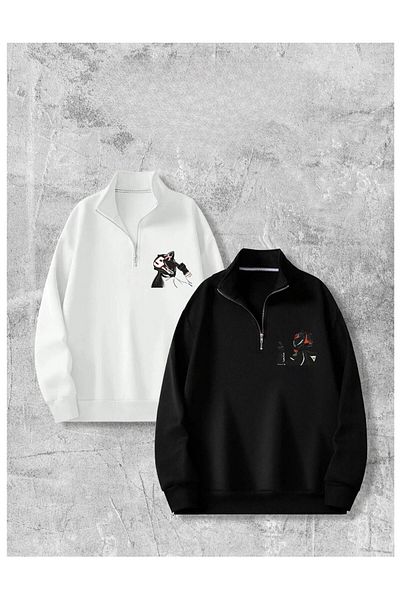 Massgai Dear Couple Combination Biker Design Printed 2-Piece Half Zipper Oversize Sweatshirt