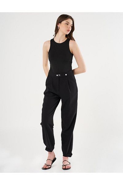 Kayra Carrot Cut Trousers with Elastic Legs Black