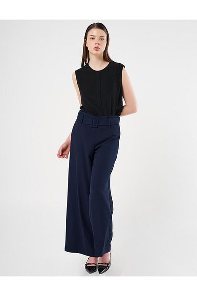 Kayra Classic Trousers with Belt Detail Dark Navy Blue