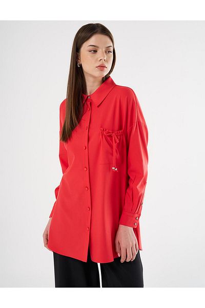 Kayra Red Tunic - Lace Detail, Shirt Neck