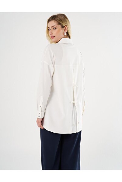 Kayra Bağcık Detaylı Gömlek Yaka Tunik Ekru