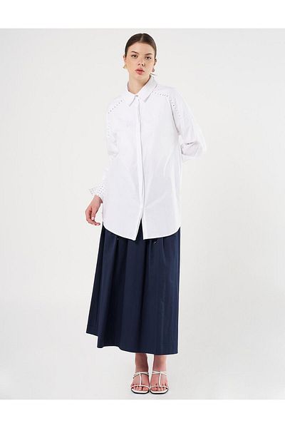 Kayra Optical White Poplin Tunic - Stone Embroidered