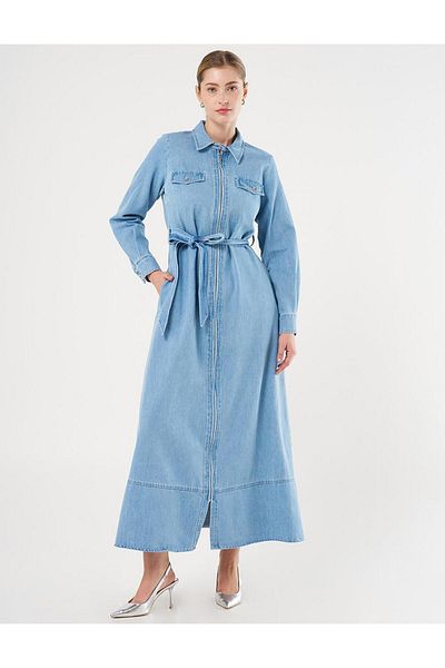 Kayra Τζιν φόρεμα με τσέπη και ζώνη Ice Blue