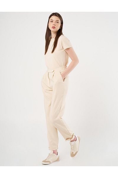 KYR Cream Colored Carrot Cut Elastic Trousers