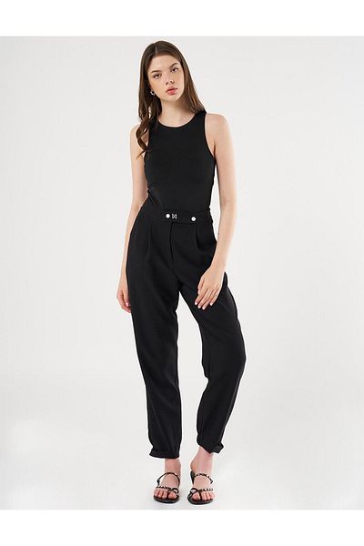 Kayra Carrot Cut Trousers with Elastic Legs Black