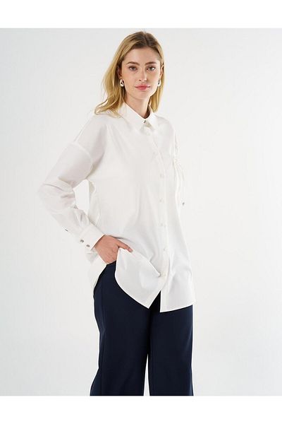Kayra Ecru Tunic - Πουκάμισο με λαιμόκοψη και λεπτομέρεια με κορδόνια