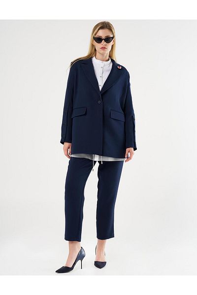Kayra Dark Navy Blue Buttoned Double Set