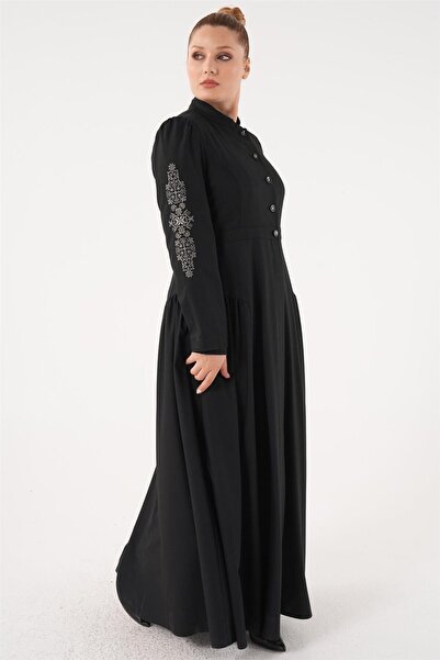 Kayra Black Top Coat - Sleeve Embroidery Detail