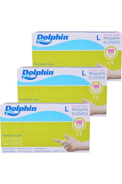 Dolphin Tek Kullanımlık Lateks Beyaz Pudralı Large Büyük Boy Muayne Eldiveni - 3 Adet 100'lü Paket