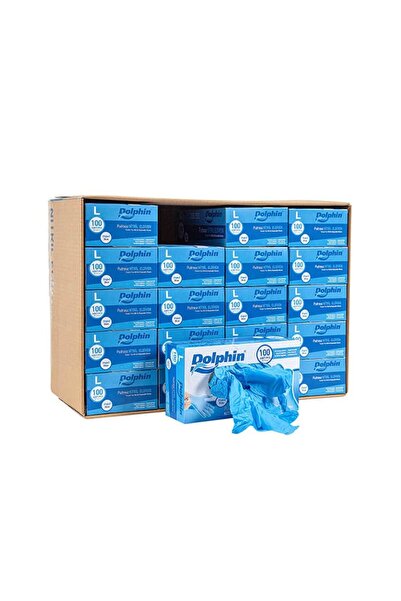Dolphin Tek Kullanımlık Lateks Mavi Pudrasız Nitril Muayne Eldiveni Large Büyük Boy -100'lü 20 Paket