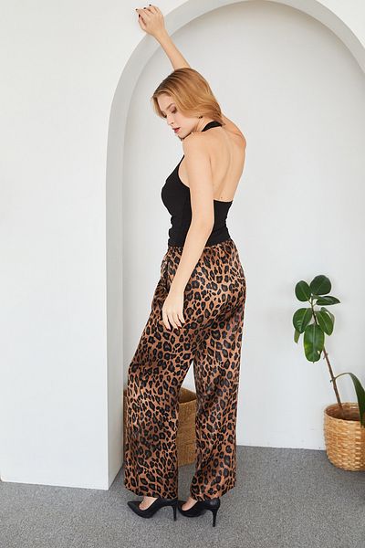 Fulla Moda Сатенени панталони с леопардови шарки и еластична талия