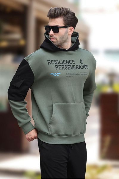 Madmext Sweatshirt für Herren 7058 - Khaki mit Kapuze und Tasche, detaillierter Aufdruck